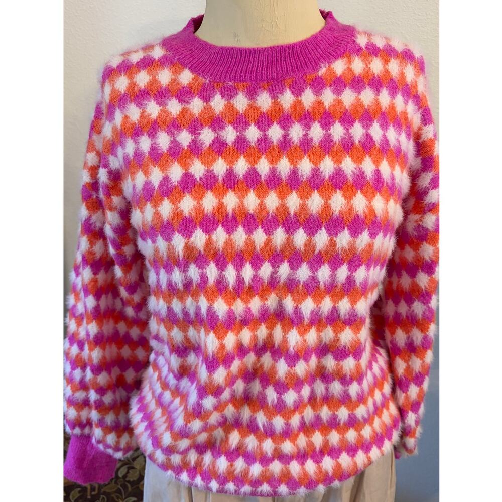 Fate Small Fuzzy Argyle Sweater Pink Orange White Balloon Sleeve Crewneck